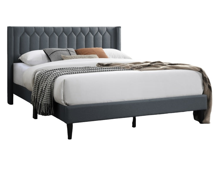 Modern Eye Catching 1Pc Queen Size Bed Charcoal Burlap Fabric Unique Diamond Design Headboard Bedframe