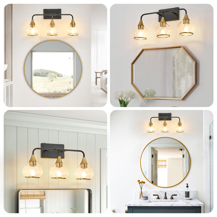 23" Modern 3 Light Vanity Wall Sconce Black And Gold Bathroom Light Fixture With Clear Glass Shades, Industrial Wall Mounted Lamp For Mirror, Vanity, And Living Spaces Bulb Not Included