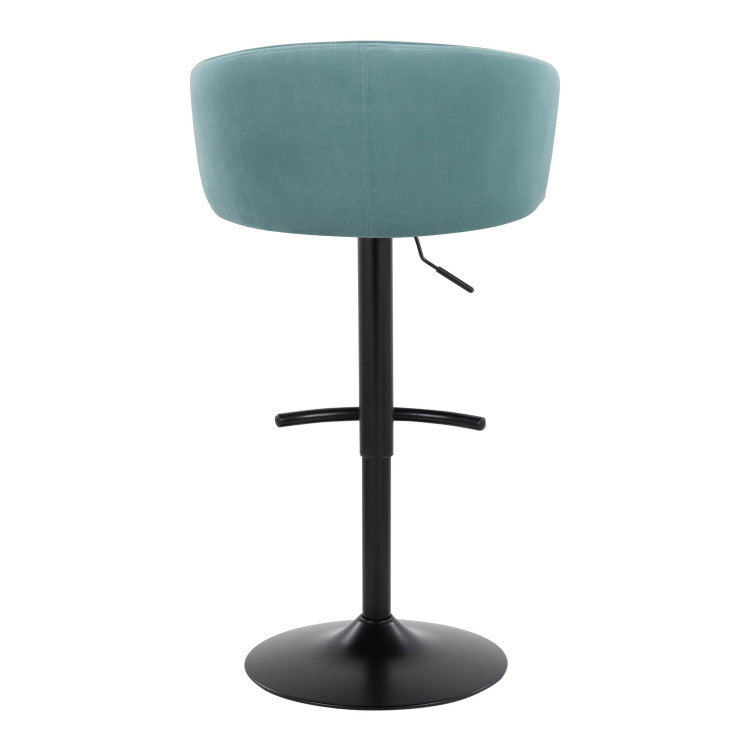 Contemporary Adjustable Barstool With Swivel In Black Metal And Light Blue Velvet With Rounded T Footrest Set Of 2