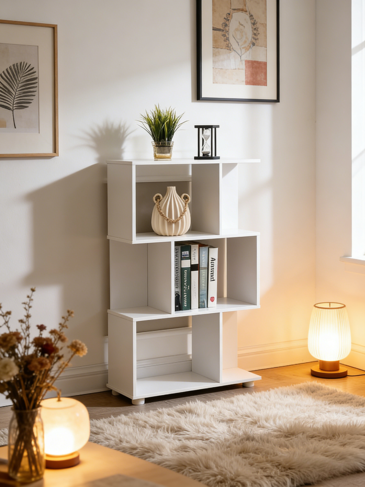 Modern Staggered 3 Shelf Manor Bookcase, White
