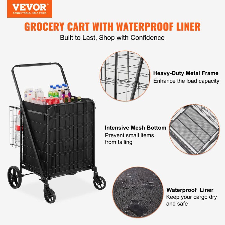 Folding Shopping Cart With Removable Waterproof Liner, 330Lbs Large Capacity Jumbo Grocery Cart With Dual Basket, 360 Swivel Wheels, Dense Metal Mesh Base, Heavy Duty Utility Cart For Shopping