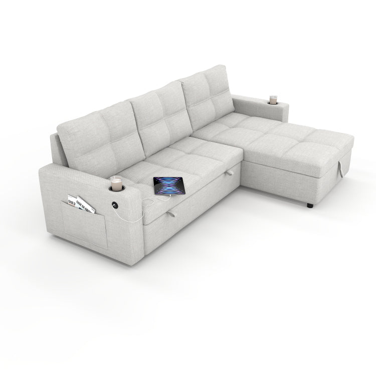 Convertible Fabric Sofa Bed, Pullout Sectional Sleeper Sofa Couches With Usb Charging & Cup Holders, L Shape Sleeper With Storage For Living Room Beige