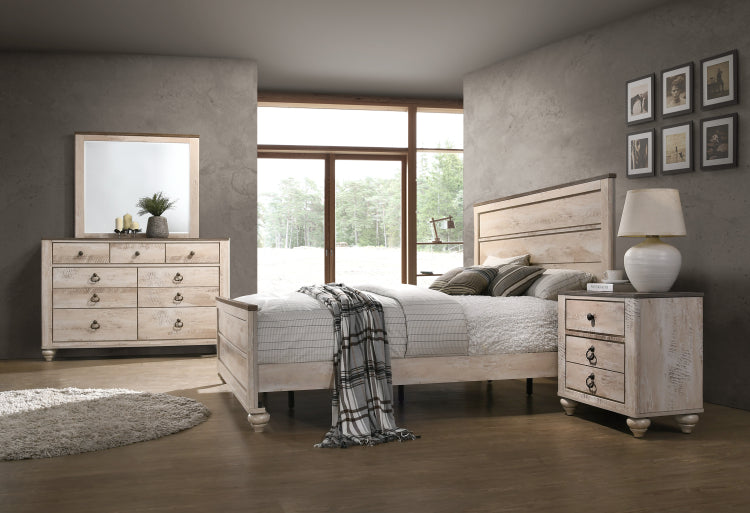 Imerland Contemporary White Wash Finish 4 Piece Bedroom Set King Bed, Dresser, Mirror And Nightstand