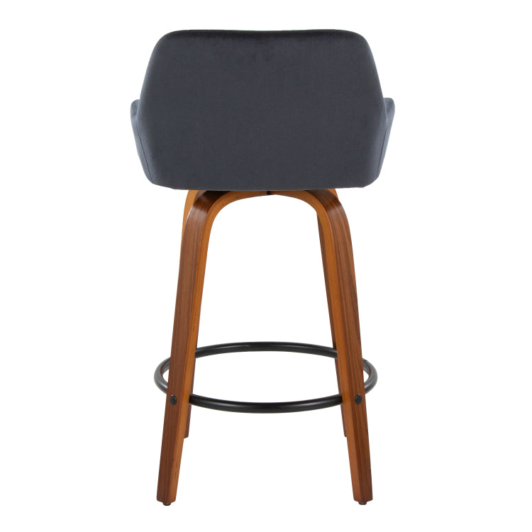 26" Contemporary Fixed Height Counter Stool With Swivel In Walnut Wood And Black Velvet With Round Black Metal Footrest Set Of 2