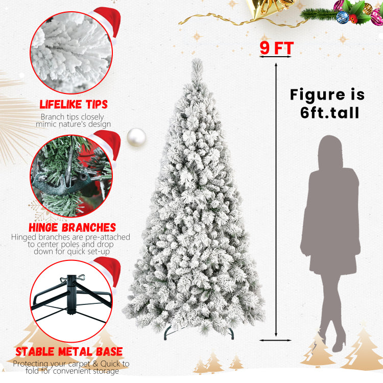 6Ft Flocked Christmas Tree With 752 Tips Snowy Pvc & Hard Needle Branches, Hinged Structure For Easy Setup, Stable Metal Stand Realistic Full Body Holiday Tree