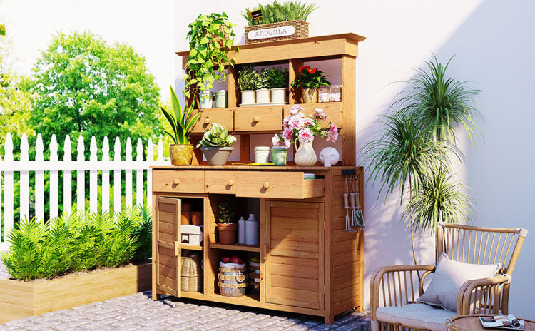 Assembly 65.7'' H Tall Garden Potting Bench Table With Hutch,Patio Storage Workstation With 3 Shelves,6 Drawers,2 Bottom Cabinets&Side Hooks For Mudroom,Doorway, Natural