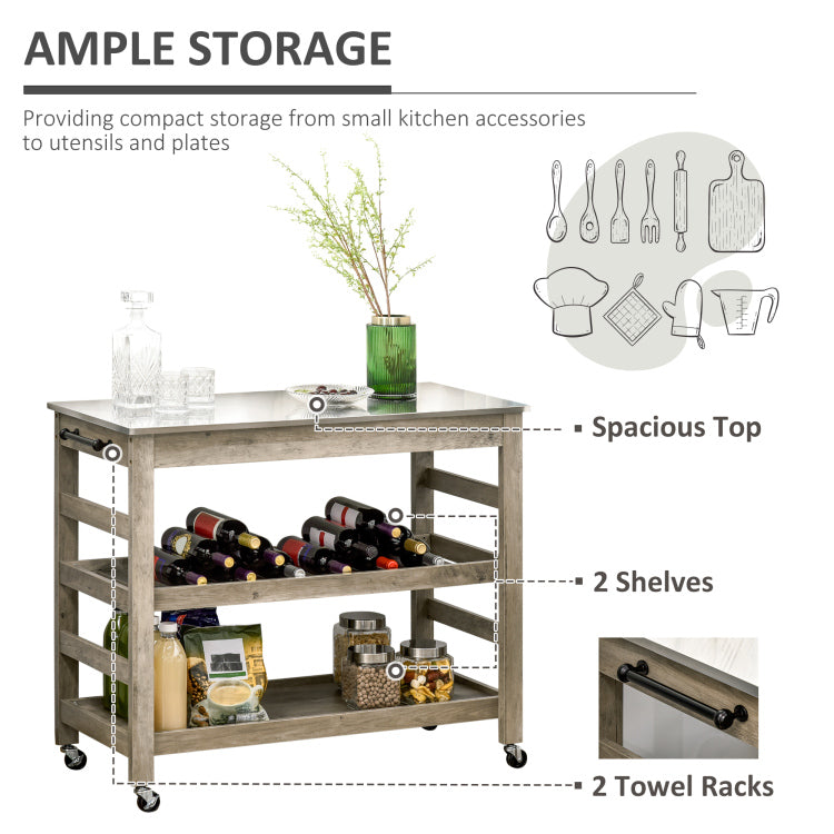 Homcom Rolling Kitchen Cart With Stainless Steel Countertop, 1 Bottom Shelf, 1 Slotted Middle Shelf And 4 Castor Wheels, Grey