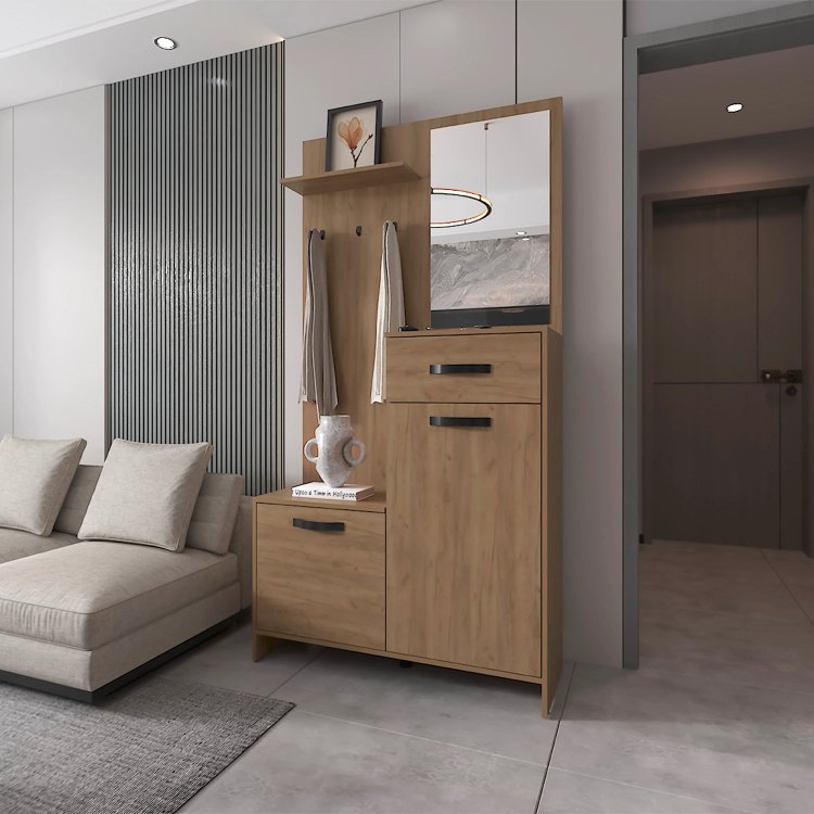 Natural Oak Hall Tree Multistorage With 1 Mirror And Adjustable Legs