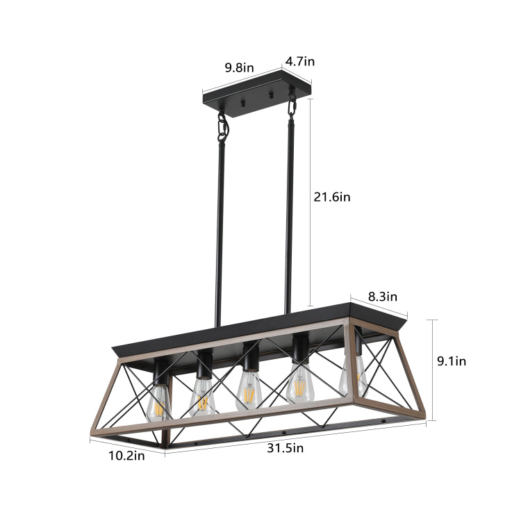 32" Walnut Industrial 5 Light Pendant Chandelier, Modern Metal Cage Design, Adjustable Hanging Light For Dining Room, Kitchen, Living Room No Bulbs
