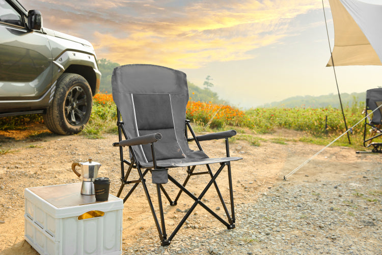 High Back Heavy Duty Lawn Chair Support 250Lbs, Portable Collapsible Chair With Cup Holder Grey