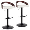 Contemporary Adjustable Barstool With Swivel In Black Metal, Cherry Wood And White Faux Leather With Rounded T Footrest Set Of 2