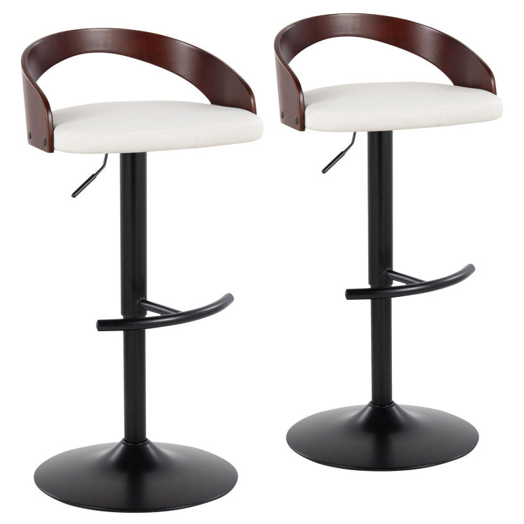 Contemporary Adjustable Barstool With Swivel In Black Metal, Cherry Wood And White Faux Leather With Rounded T Footrest Set Of 2