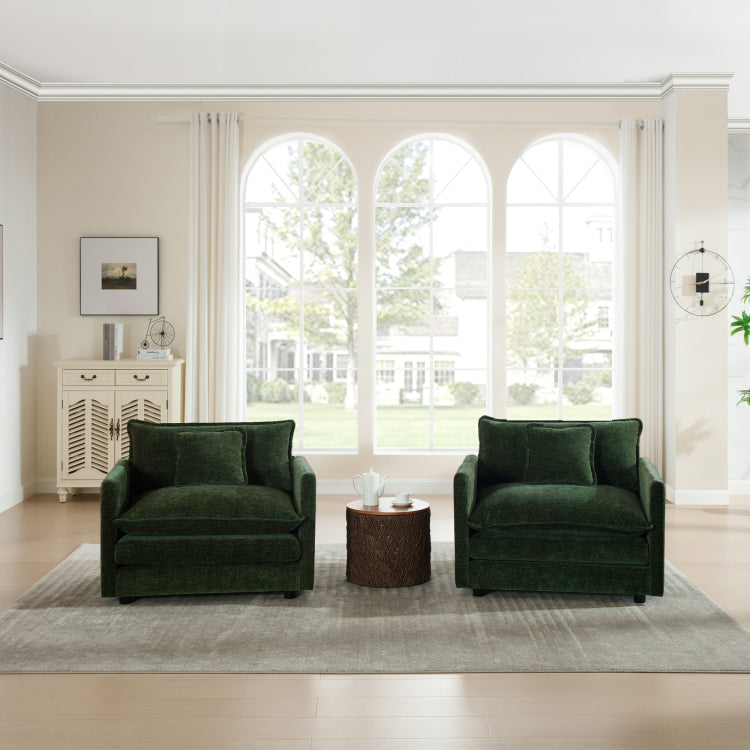 Accent Chair Set Of 2, High End Chenille Upholstered Armchairs, Living Room Side Chairs With Toss Pillow, Green Chenille