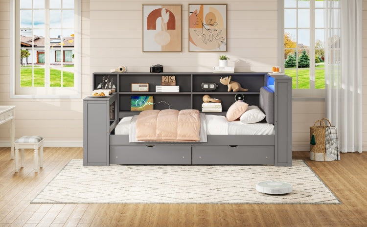 Wood Twin Size Platform Bed With Storage Shelves, Drawers, Charging Station, Led, Desk And Upholstered Headboard, Grey Grey Cushion