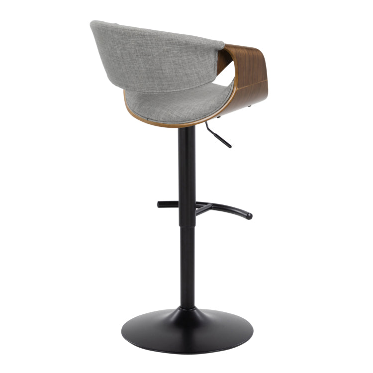 Mid Century Modern Adjustable Barstool With Swivel In Black Metal, Walnut Wood And Light Grey Fabric With Rounded T Footrest Set Of 2