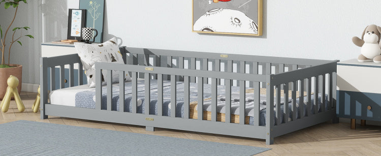 Twin Size Floor Bed With Fence Without Door, Rubber Wood Floor Bed With Safety Guardrails,Grey