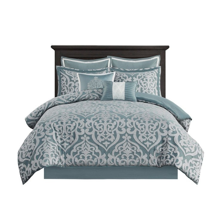 8 Piece Jacquard Comforter Set Aqua Silver Queen