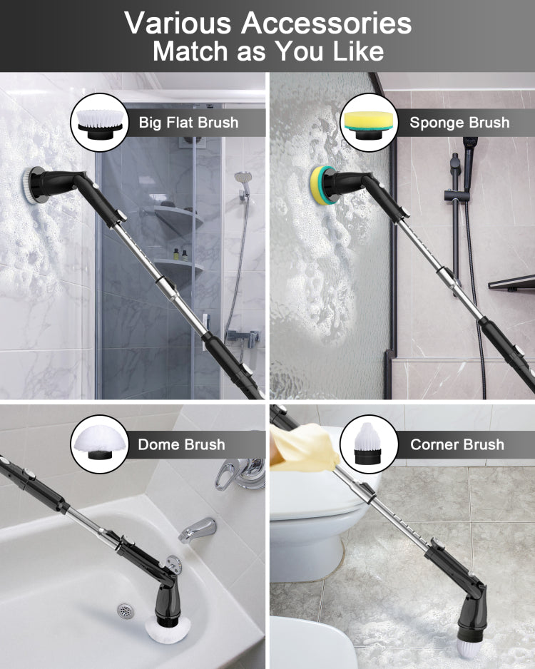Tasvac Eb5 Black Electric Spin Scrubber, Cordless Cleaning Brush With 5 Replaceable Heads, 450 Rpm, Adjustable Telescopic Handle, 90Min Runtime