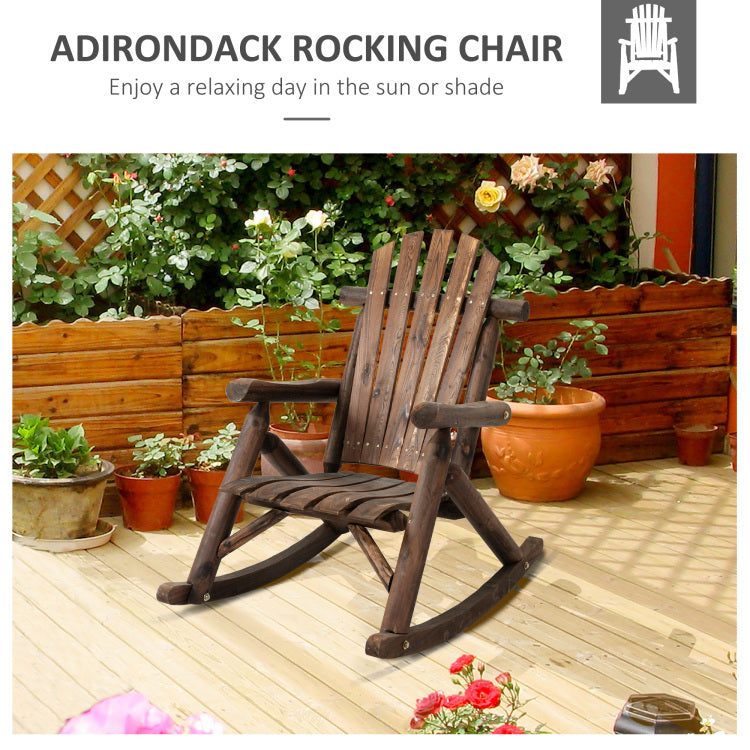 Outsunny Outdoor Wooden Rocking Chair, Single Person Adirondack Rocking Patio Chair With Rustic High Back, Slatted Seat And Backrest For Indoor, Backyard, Garden, Carbonized