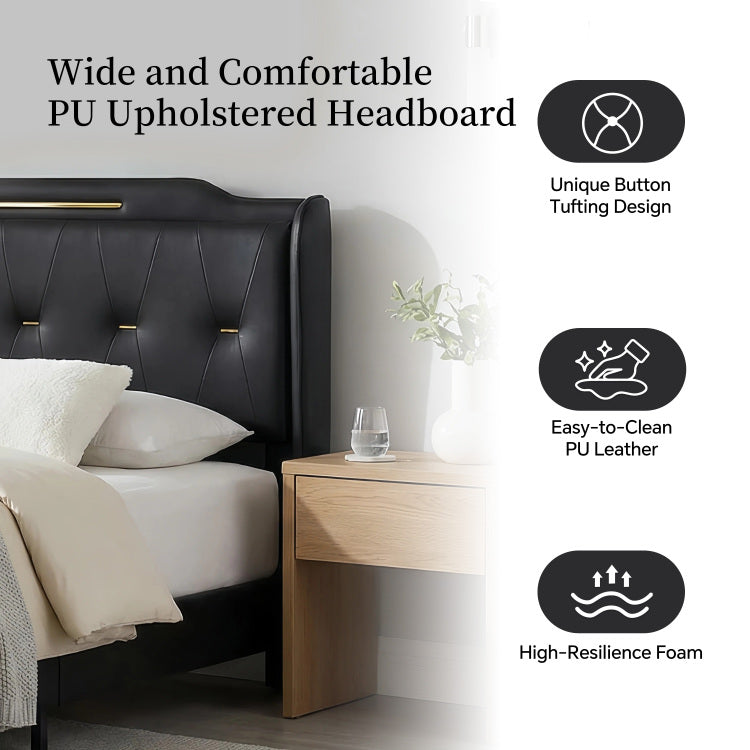 Modern Upholstered Bed Frame, Queen Size Platform Bed With Wingback Headboard, Pu Leather Upholstery, No Box Spring Needed, Noise Free, Easy Assembly, Heavy Duty Bed Frame For Bedroom,Black