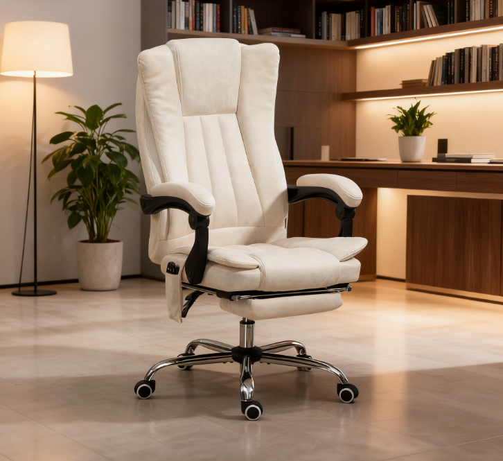 Massage Office Chair , Reclining Computer Chair With Adjustable Height And Footrest,White
