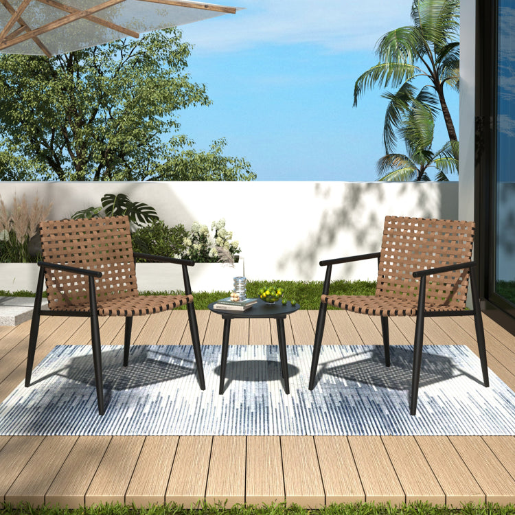 Modern Outdoor Chat Set: 2 Pe Rattan Chairs Black Steel & Tempered Glass Side Table Durable & Stylish