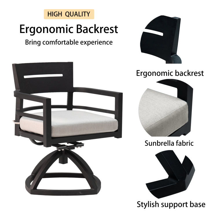 7 Piece Outdoor Patio Aluminum Furniture, Modern Dining Set, Including 4 Dining Chairs & 2 Swivel Rockers Sunbrella Fabric Cushioned And Rectangle Dining Table With Umbrella Hole, Ember Black