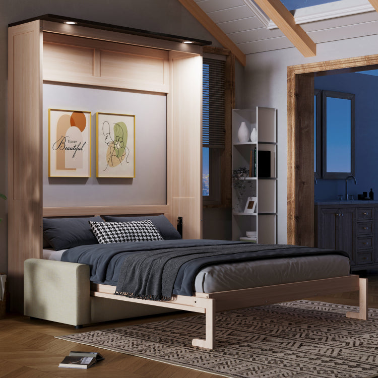 Queen Size Murphy Bed With Sofa And Led, Beige