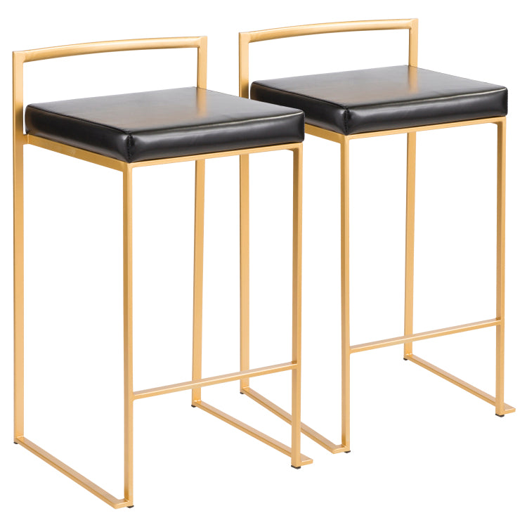 Contemporary Counter Stool In Gold With Black Faux Leather Set Of 2