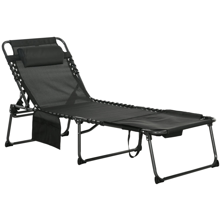 Outsunny Folding Chaise Lounge With 5 Level Reclining Back, Outdoor Tanning Chair With Reading Face Hole, Outdoor Lounge Chair With Side Pocket & Headrest For Beach, Yard, Patio, Black