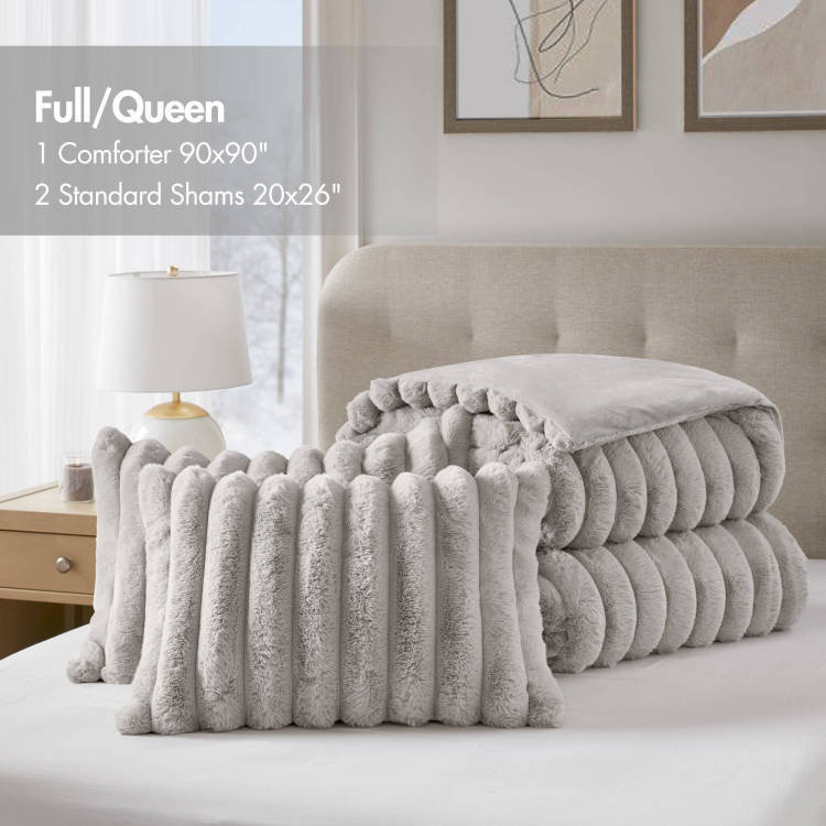 3 Pieces Full Queen Soft Faux Fur Ribbed Comforter Set,Light Gray