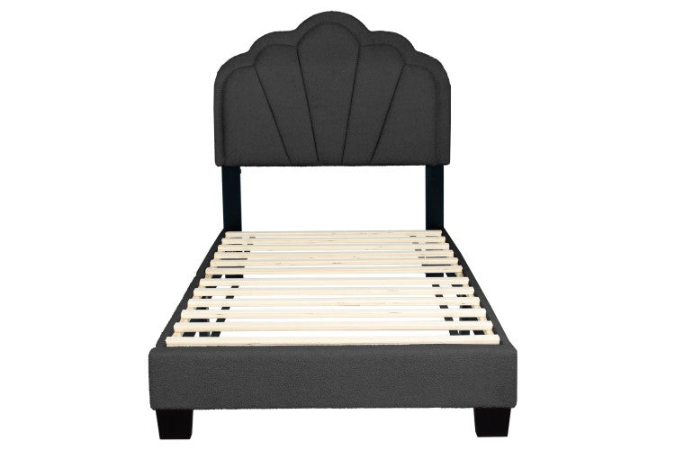 Luxurious Style Twin Size Bed Charcoal Wool Fabric Floral Design Headboard W Led Fully Upholstered Platform Bedroom Furniture