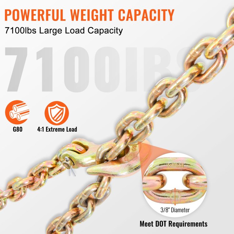 Transport Binder Chain, 7100Lbs Working Load Limit, 3 8''X20' G80 Tow Chain Tie Down With Grab Hooks, Dot Certified, Galvanized Coating Manganese Steel For Dock Factory Construction Site, 2 Pack