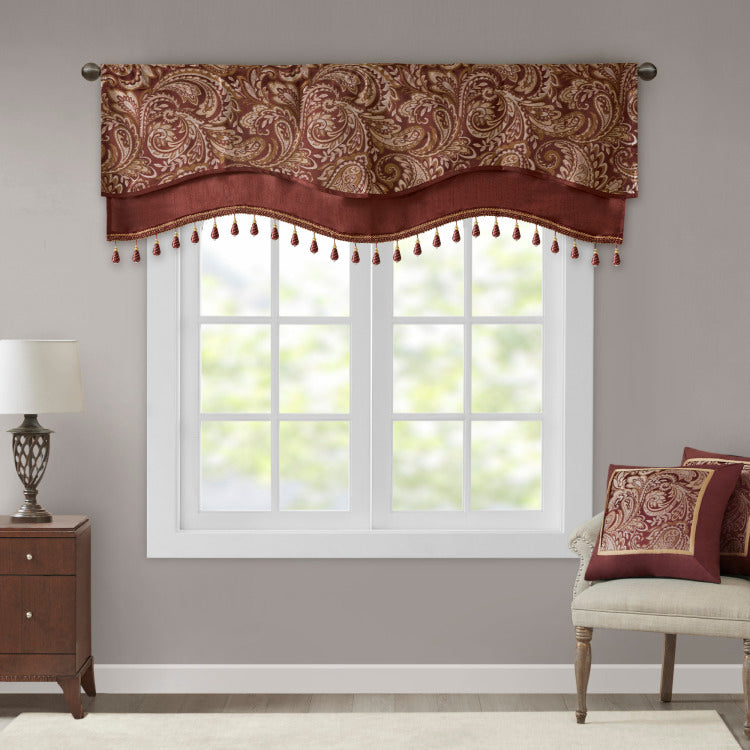 Jacquard Window Rod Pocket Valance With Beads Burgundy 50X18"