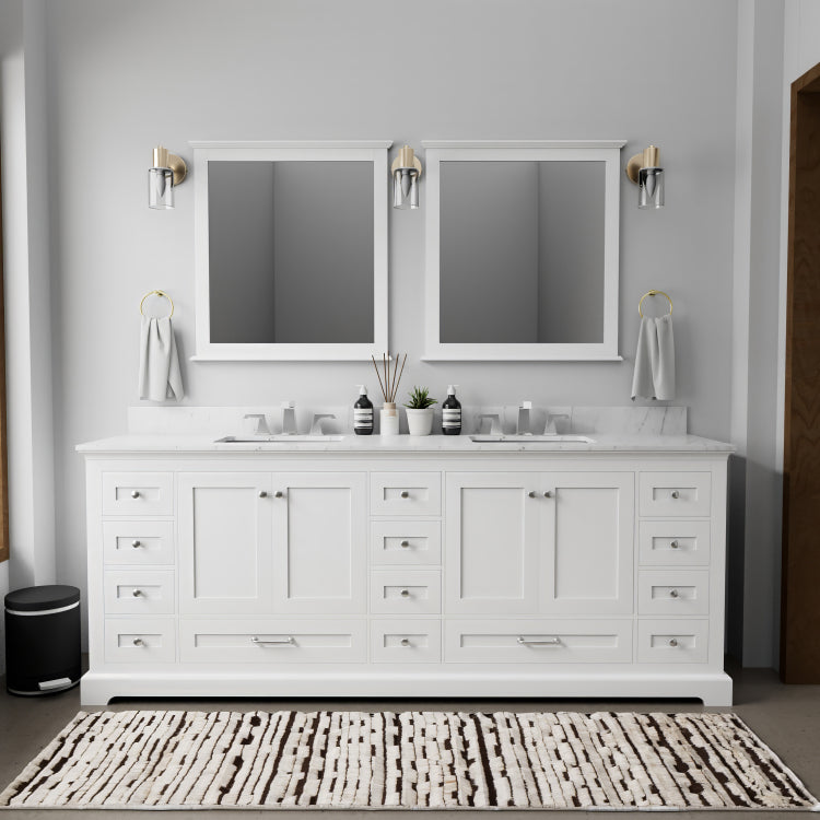 White Double Bath Vanity 84 In. W X 22 In. D, Carrara Marble Top, And Faucet Set