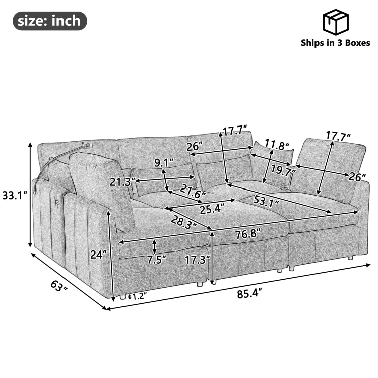 Modern Sectional Sofa Modular Sofa 85.4" U Shaped Sofa Couch Sofa Bed L Shaped Sofa With A Movable Ottoman And Two Usb Ports And A Phone Holder For Living Room, Grey