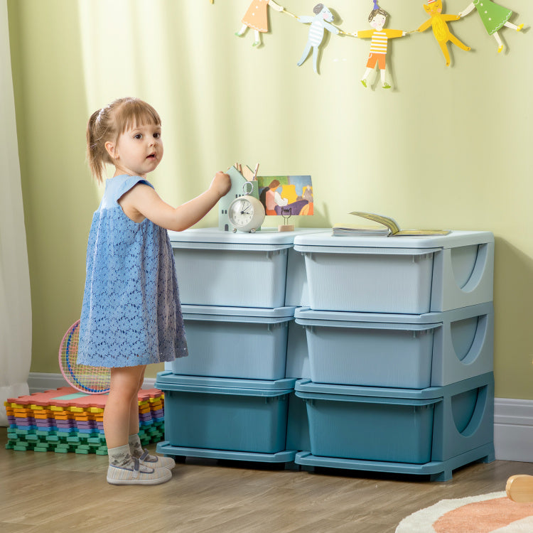 Qaba 3 Tier Kids Storage Unit, 6 Drawer Chest Toy Organizer Plastic Bins For Kids Bedroom Nursery Kindergarten Living Room For Boys Girls Toddlers, Blue