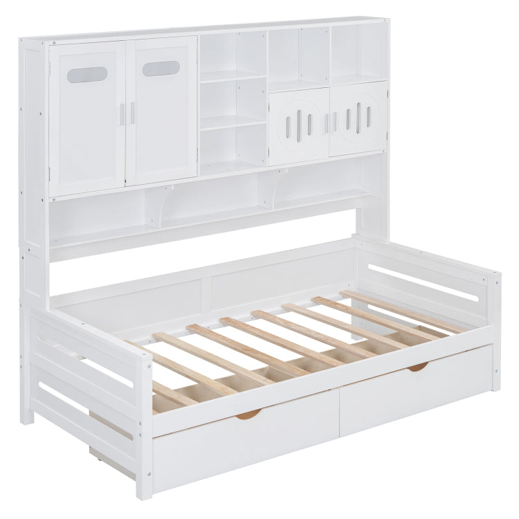 Twin Size Wooden Daybed With 2 Drawers, And All In One Cabinet And Shelf, White