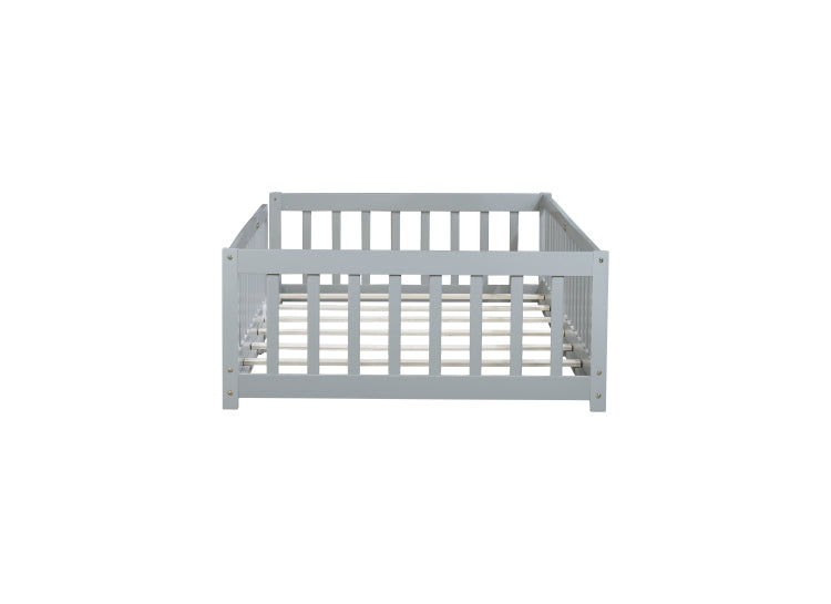 Twin Size Floor Bed With Fence Without Door, Rubber Wood Floor Bed With Safety Guardrails,Grey