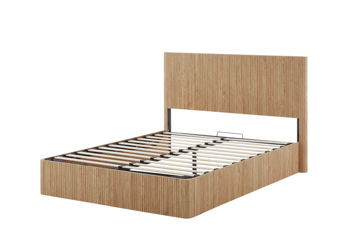 Queen Size Lift Up Storage Bed Frame, Wooden Corrugated Curved Lines, Hydraulic Storage No Box Spring Needed, Oak