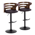 Mid Century Modern Adjustable Barstool With Swivel In Black Metal, Walnut Wood And Brown Faux Leather With Rounded T Footrest Set Of 2
