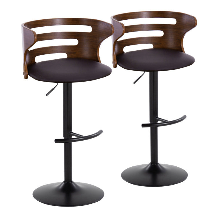 Mid Century Modern Adjustable Barstool With Swivel In Black Metal, Walnut Wood And Brown Faux Leather With Rounded T Footrest Set Of 2