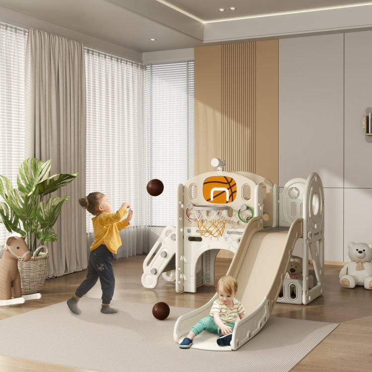 Qaba 7 In 1 Toddler Slide Playset, Kids Slide For Ages 1 6 Years With Ring Toss, Basketball Hoop, Telescope, Indoor Playground With Climber, Storage Space, Crawl Tunnel, Cream White