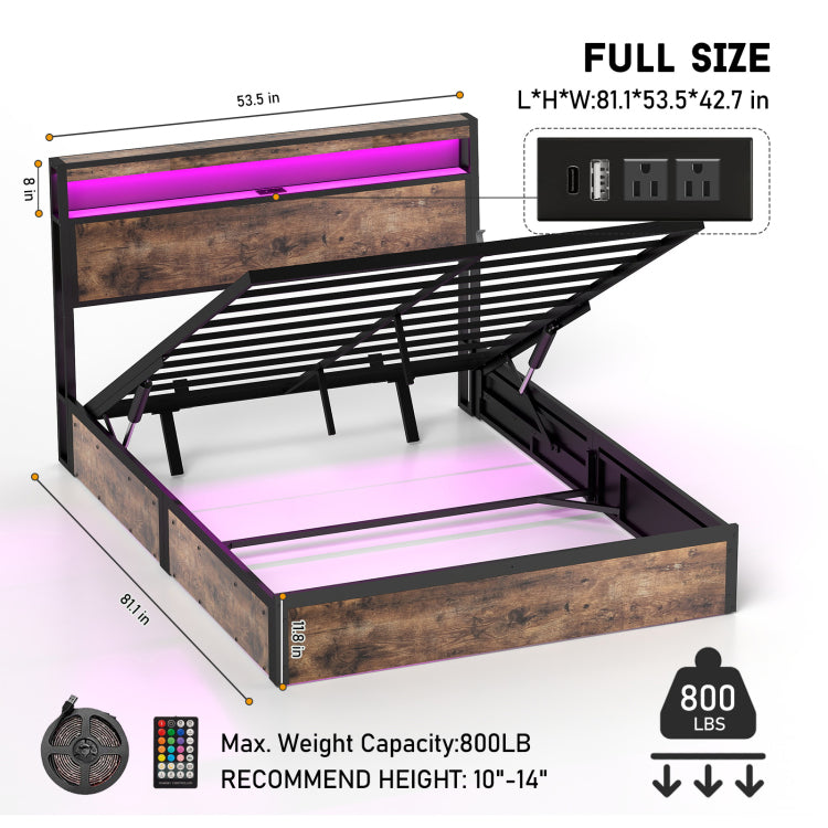 Full Size Rustic Brown Hydraulic Lift Storage Bed Frame Metal Noise Free Structure Rgb Led Lights Usb Type C Charging Station, No Box Spring Needed