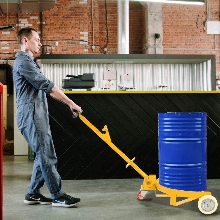 55 Gallon Drum Dolly, 1200Lbs Capacity, With 2 Fixed Pu Wheels And 1 Swivel Wheel Low Profile Steel Oil Drum Caddy Oil Barrel Drum Roller Hand Cart