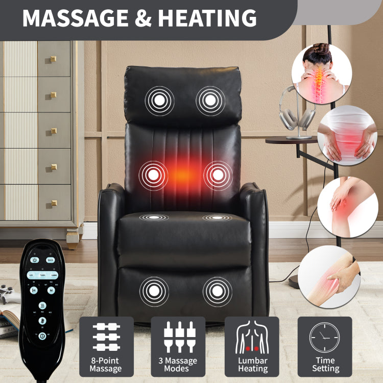 Black Faux Leather Heat Massage Manual Recliner Chair With Rocker And Swivel For Living Room