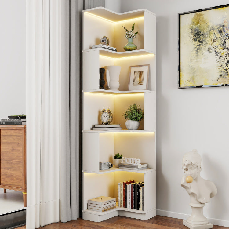 Corner Book Shelf 5 Tier Corner Bookshelf Bookcase With Baffle, Freestanding L Shaped Display Shelf Stand With Led Lights For Home Office, Living Room, Bedroom, Kitchen