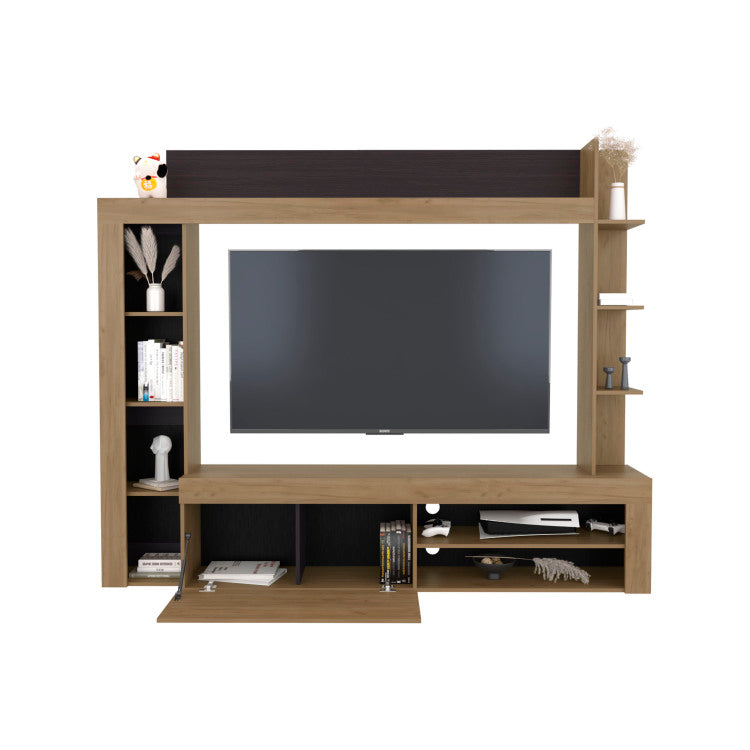 Cecil Entertainment Center And Tv Stand With Open Below Shelves And Storage Compartments With One Door, Natural Oak With Black