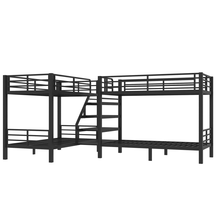 Twin L Shaped Metal Bunk Bed With Storage Shelves And High Quality Safety Guardrail,Space Saving,Black