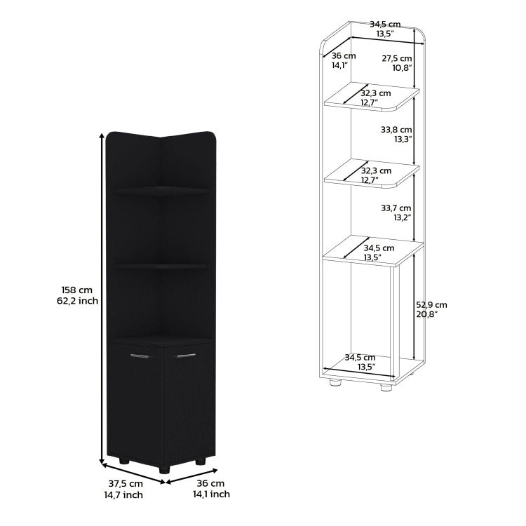 Corner Cabinet 62H" Tall With 3 Tier Shelf And 2 Door, Black